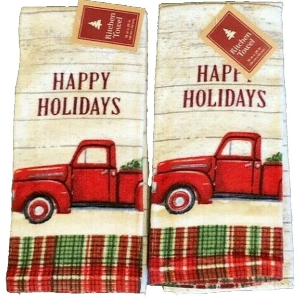 Christmas Red Farm Truck Kitchen Dish Towels Happy Holidays 100% Cotton Set Of 2